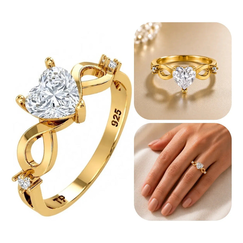 Anel Prata 925 Dourada 18k Infinito Amor Coração - Zircônia