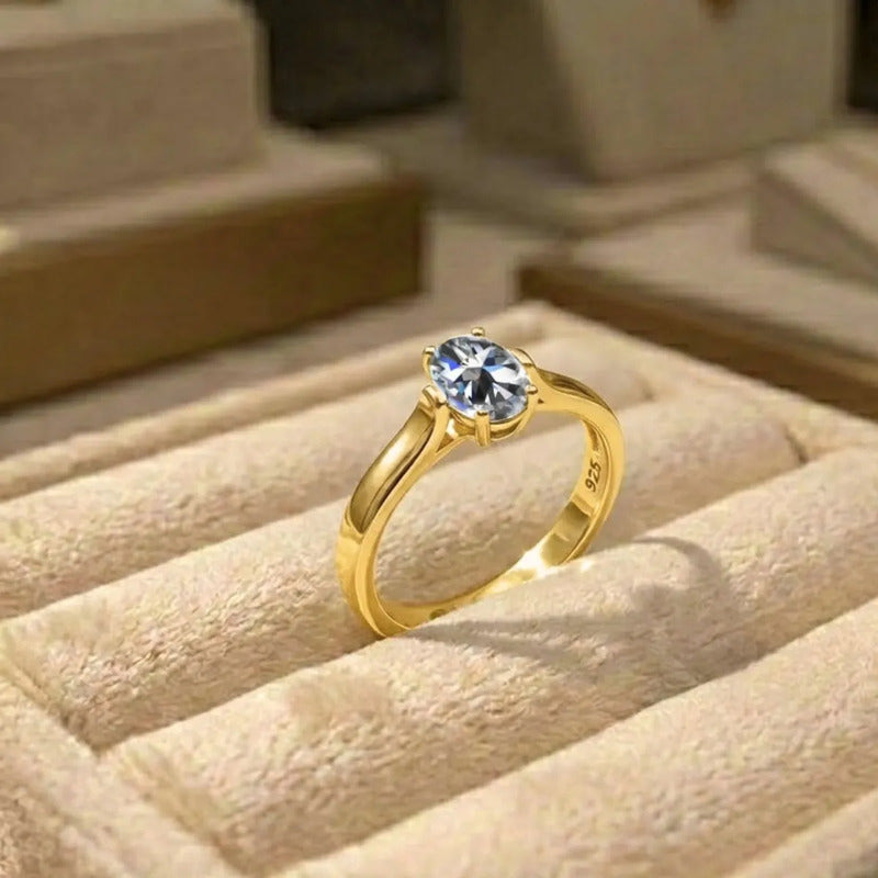 Anel Solitário Oval Em Prata 925 Dourada 18k - Zircônia