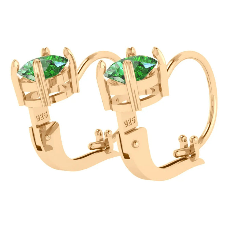 Brinco Trava Pura Prata 925 Dourada 18k - Esmeralda Oval   Verde