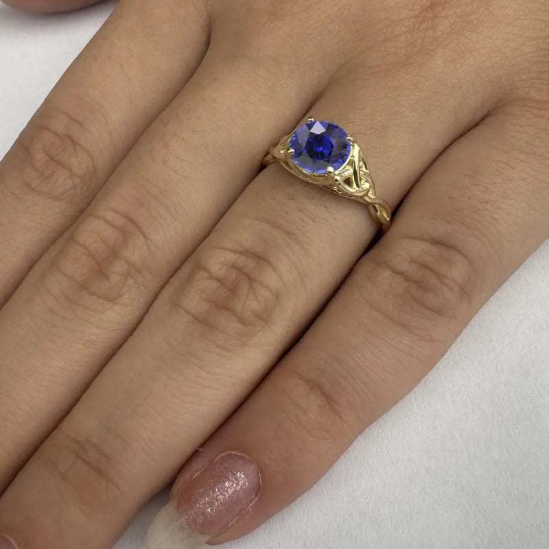 Anel Prata 925 Dourada 18k Celta Knot Trinity - Safira Azul
