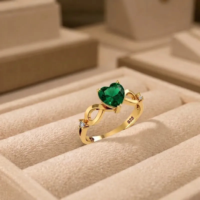Anel Prata 925 Dourada 18k Infinito Amor Coração - Esmeralda