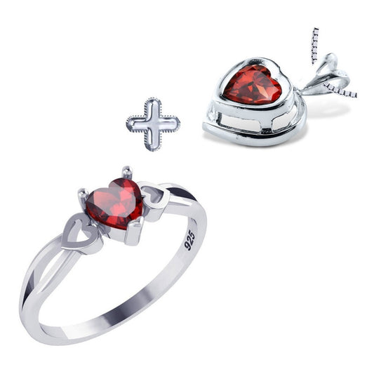 Kit de Anillo y Collar de Plata 925 Corazón de Granate Eterno - Exclusivo