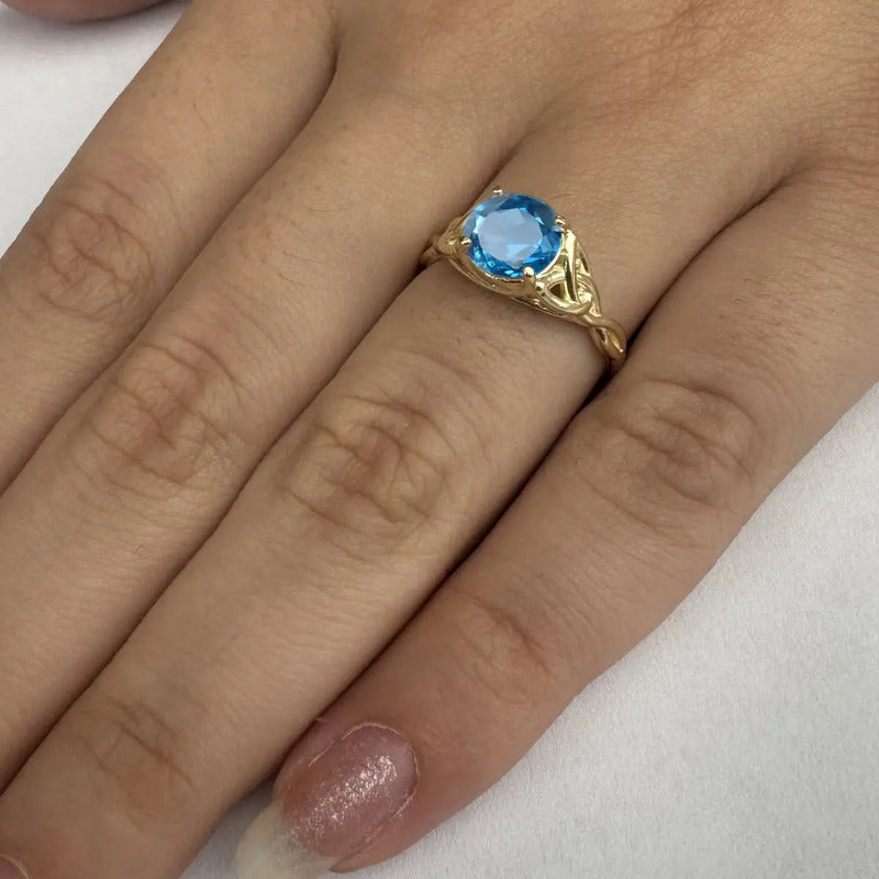 Anel Prata 925 Dourada 18k Celta Knot Trinity - Topázio Azul