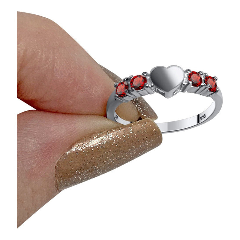 Solid Heart Ring In Pure 925 Silver - Garnet