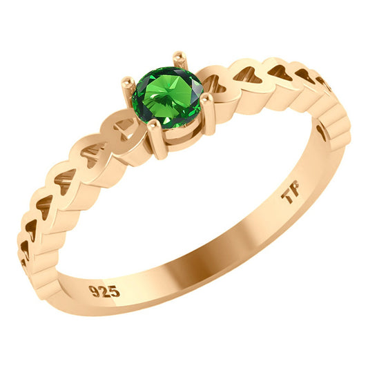 Anel Luxo Corações Prata 925 Dourada Ouro 18k Esmeralda