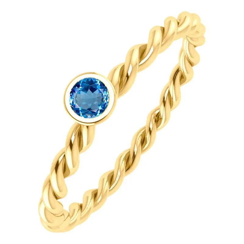 Anel Solitário Prata 925 Dourada 18k Torcido - Topázio Azul