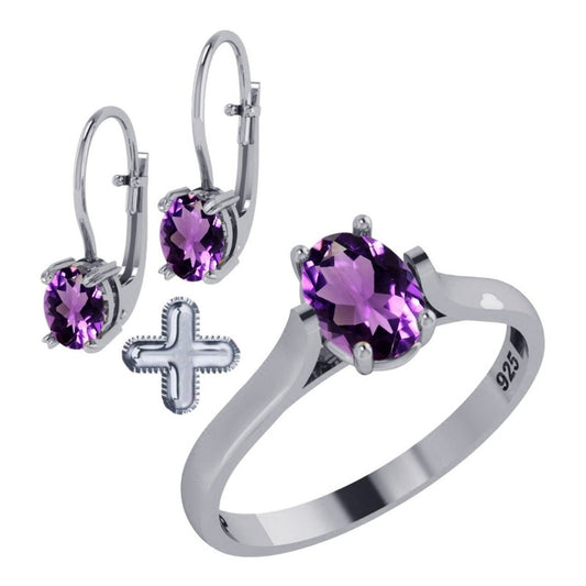 Kit de anillo y pendientes ovalados de amatista en plata 925 - Exclusivo