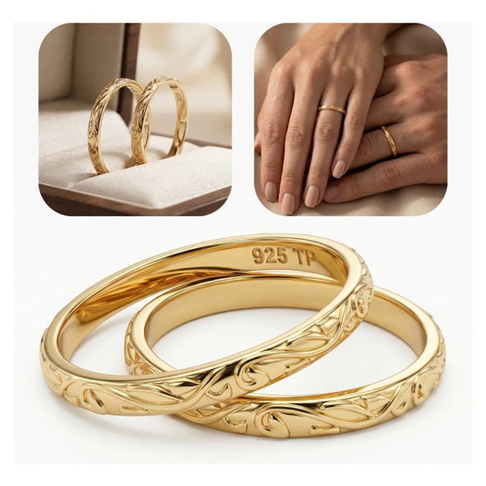 Par Aliança Casamento Arabesco Prata 925 Dourada Ouro 18k Tamanho Feminino 19 Tamanho Masculino 17