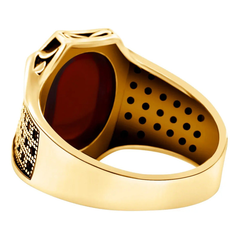 Anel Cabochão Prata 925 Dourada Ouro 18k - Ágata Vermelha