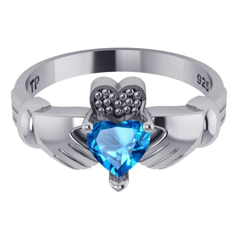 Anel De Prata 925 Claddagh Topázio Azul- Unissex