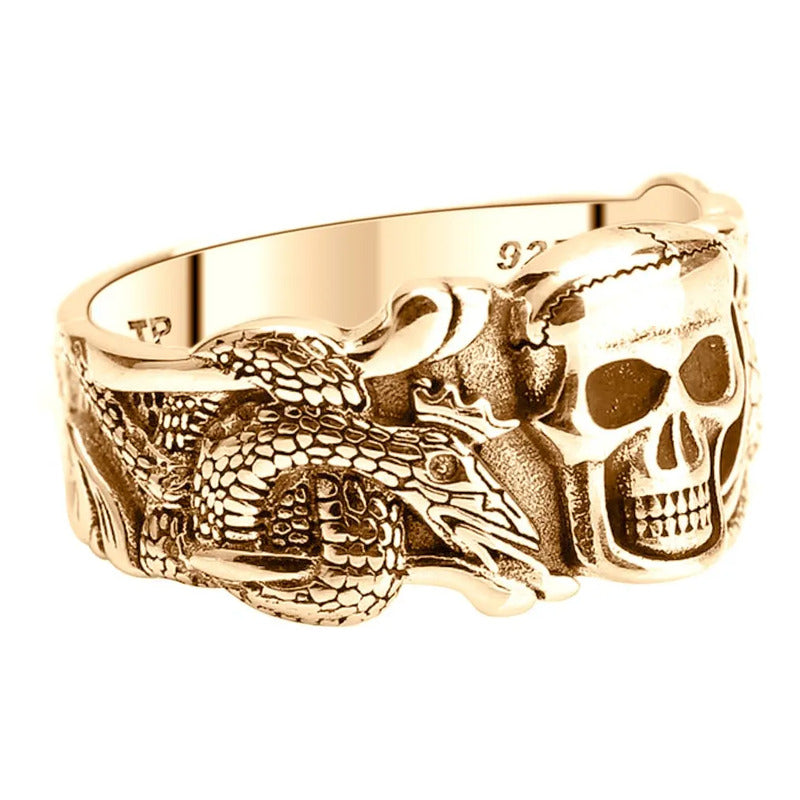 Anel Masculino Caveira Serpente Prata 925 Dourada Ouro 18k