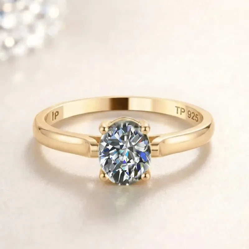 Anel Solitário Oval Em Prata 925 Dourada 18k - Zircônia