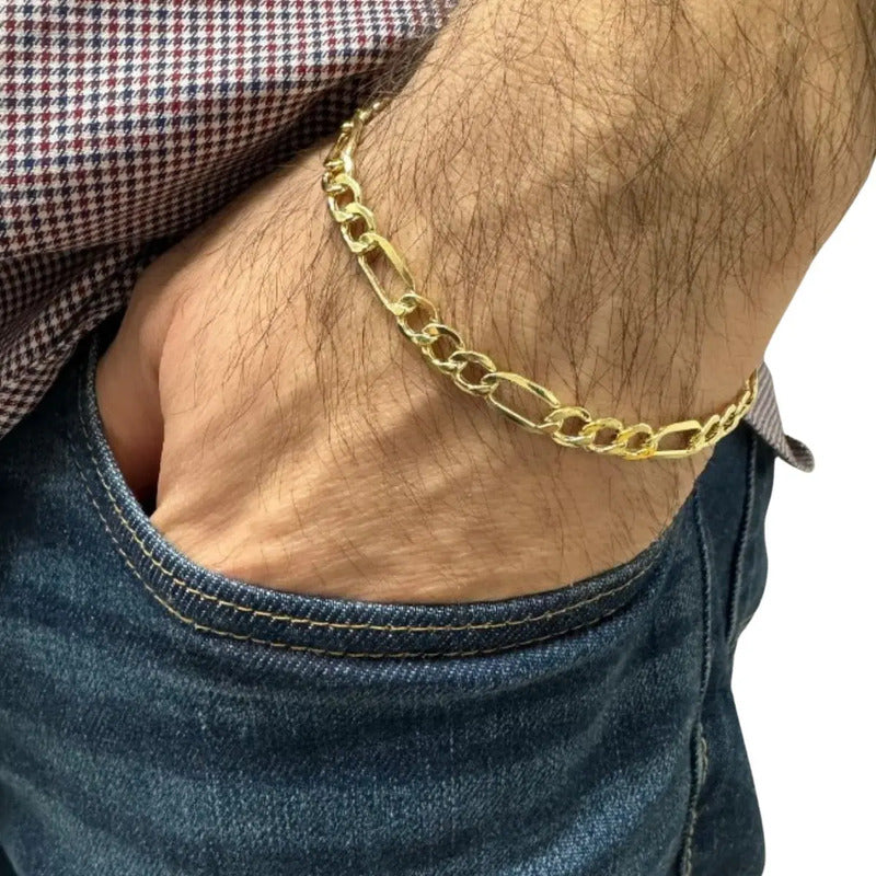 Pulseira Prata 925 Dourada 18k Figaro 3x1 Maciça - 5mm Dourado 21 Cm