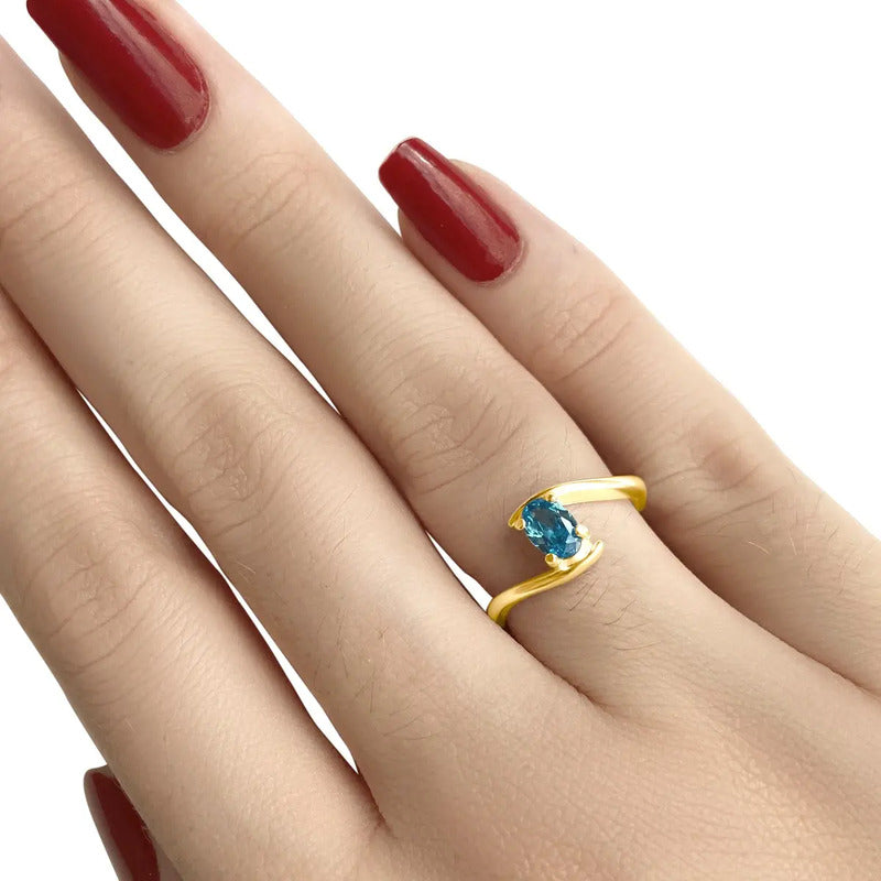 Anel Miami Prata 925 Dourada Ouro 18k - Topázio Azul