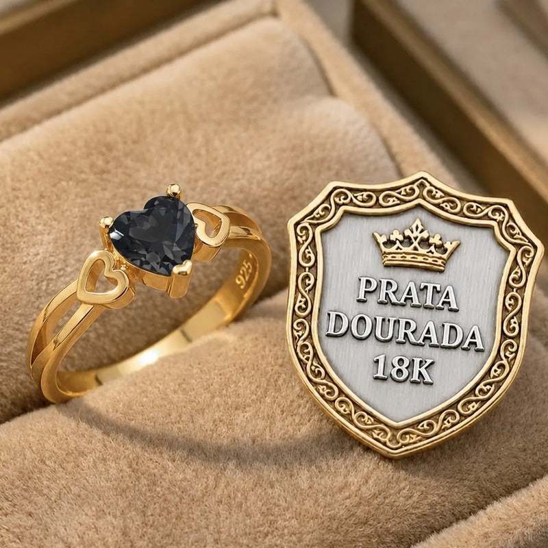 Anel Eterno Coração Pura Prata 925 Dourada Ouro 18k Onix