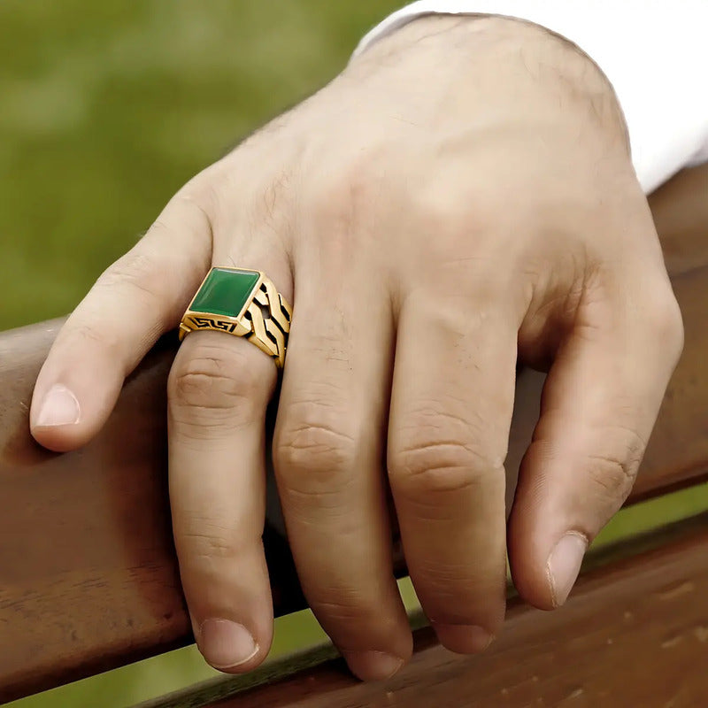 Anel Masculino De Prata 925 Dourada Com Ágata Verde Oval 33