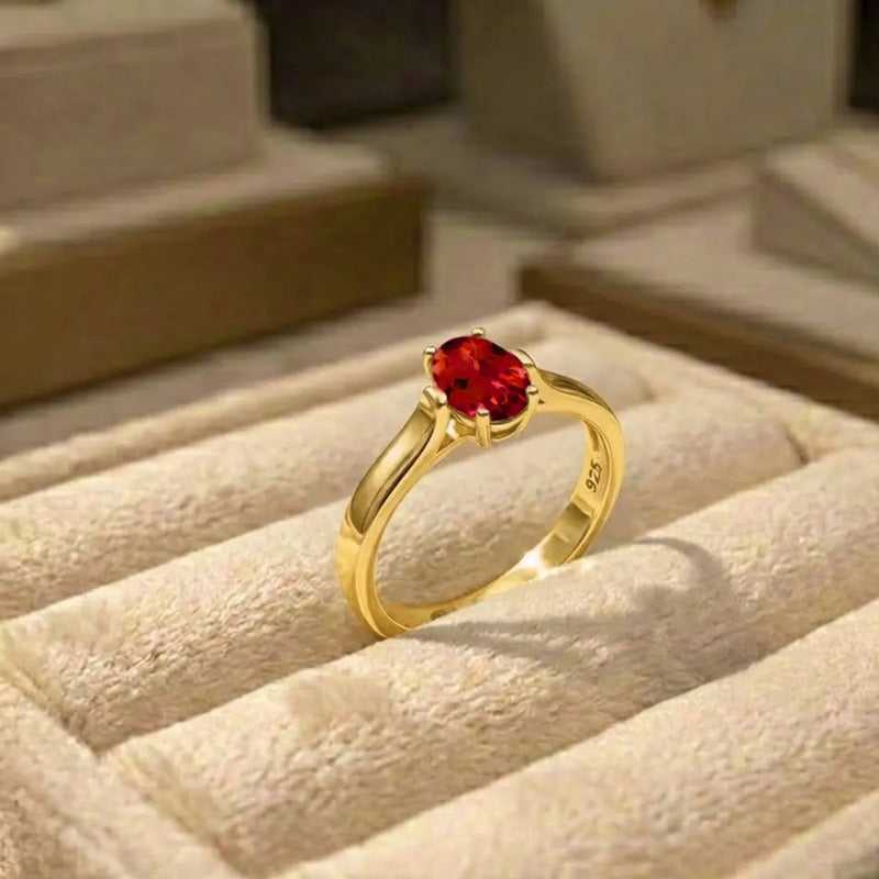 Anel Solitário Oval Em Prata 925 Dourada 18k - Granada