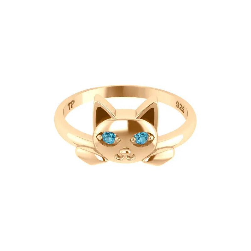 Anel Gatinho Olhos Topázio Azul - Prata 925 Dourada 18k