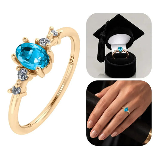Anel Formatura Feminino Prata 925 Dourada 18k + Capelo Topázio Azul 16-17