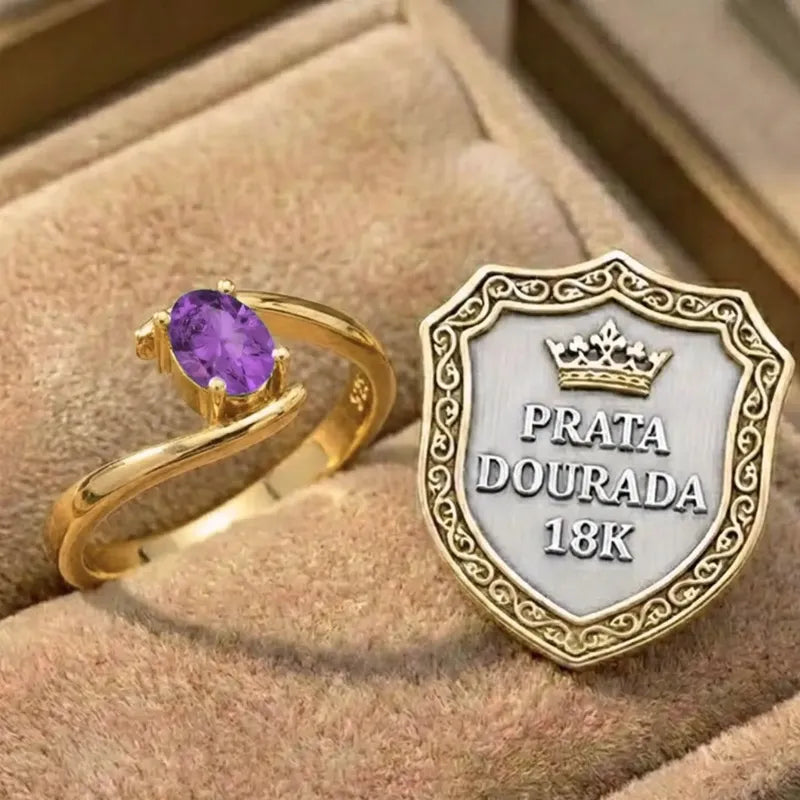Anel Miami Prata 925 Dourada Ouro 18k- Ametista