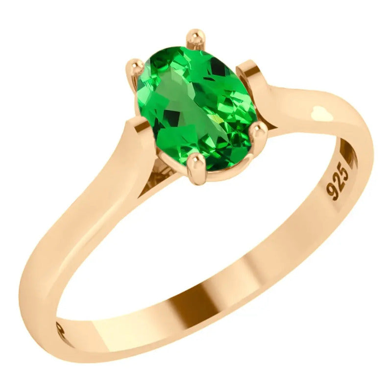 Kit Anel E Brinco Oval Prata 925 Dourada 18k - Esmeralda