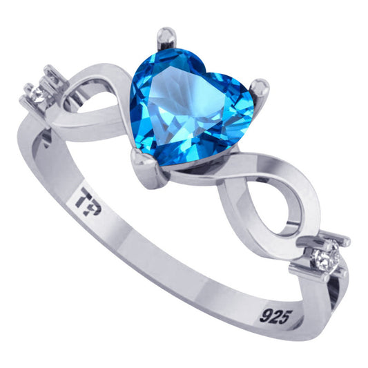 Anel Prata 925 Infinito Amor Coração - Topázio Azul