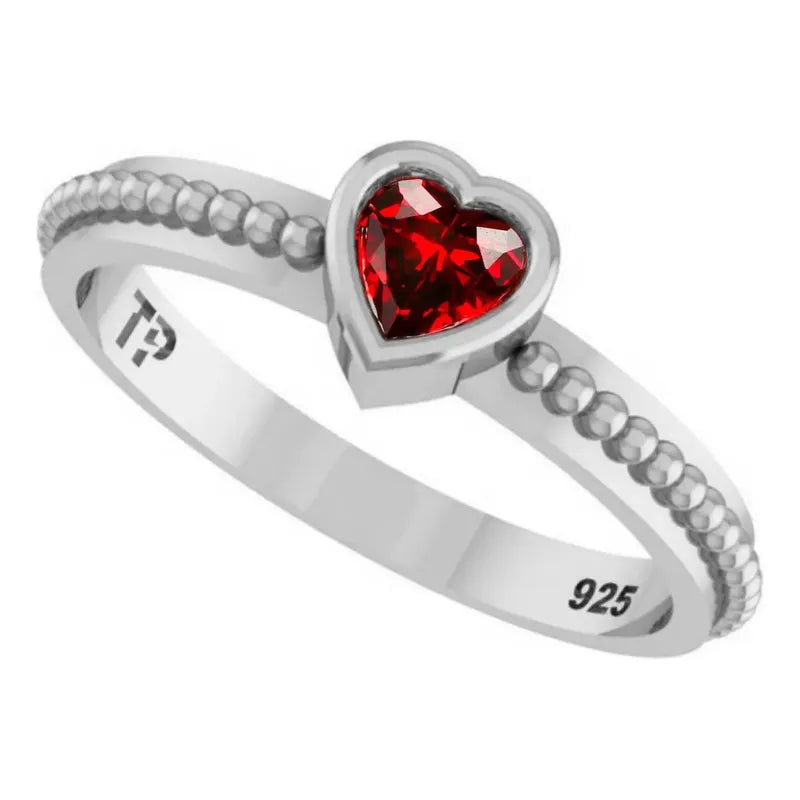 Anillo de granate solitario en forma de corazón en plata 925 - Exclusivo