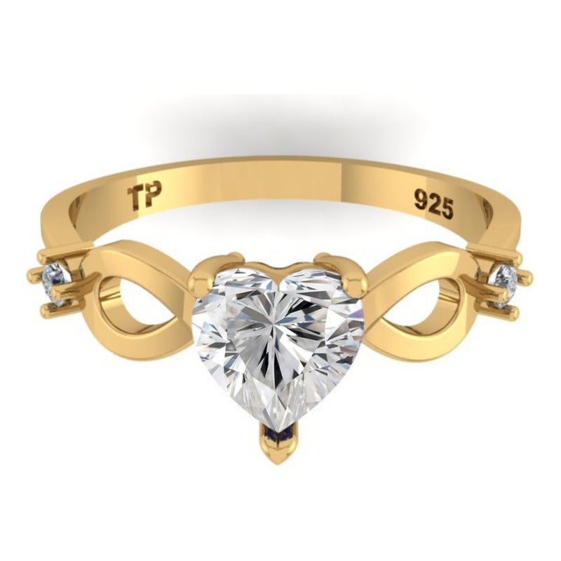 Anel Prata 925 Dourada 18k Infinito Amor Coração - Zircônia