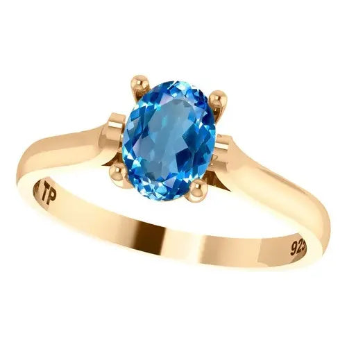 Anel Solitário Oval Em Prata 925 Dourada 18k - Topázio Azul