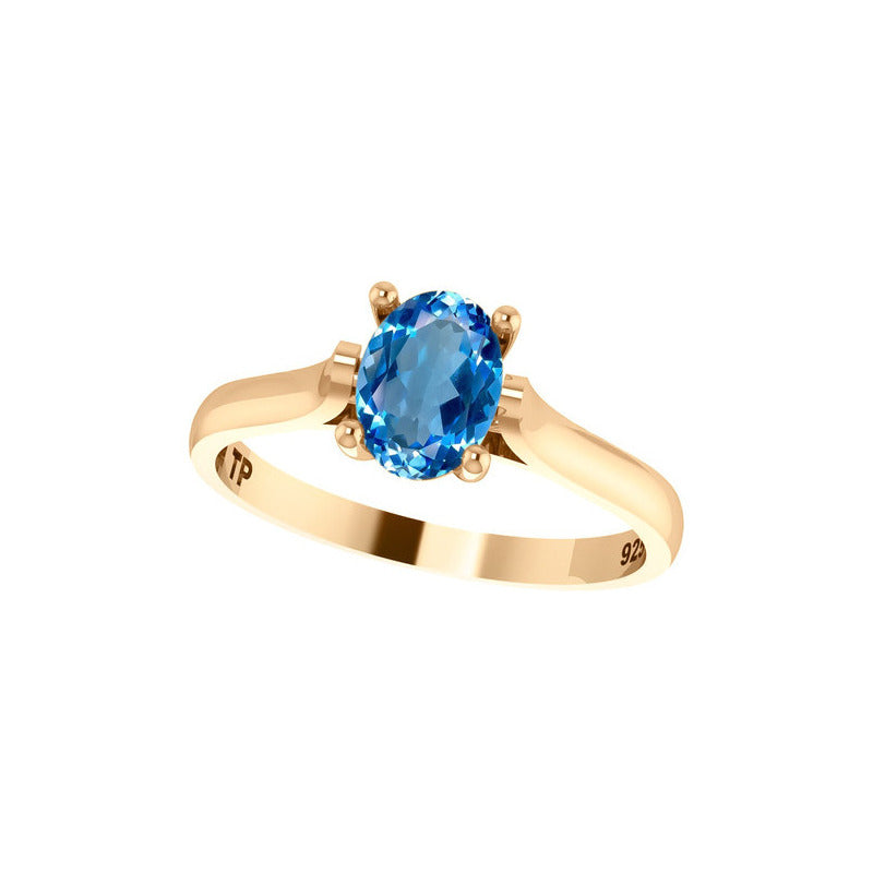 Anel Solitário Oval Em Prata 925 Dourada 18k - Topázio Azul
