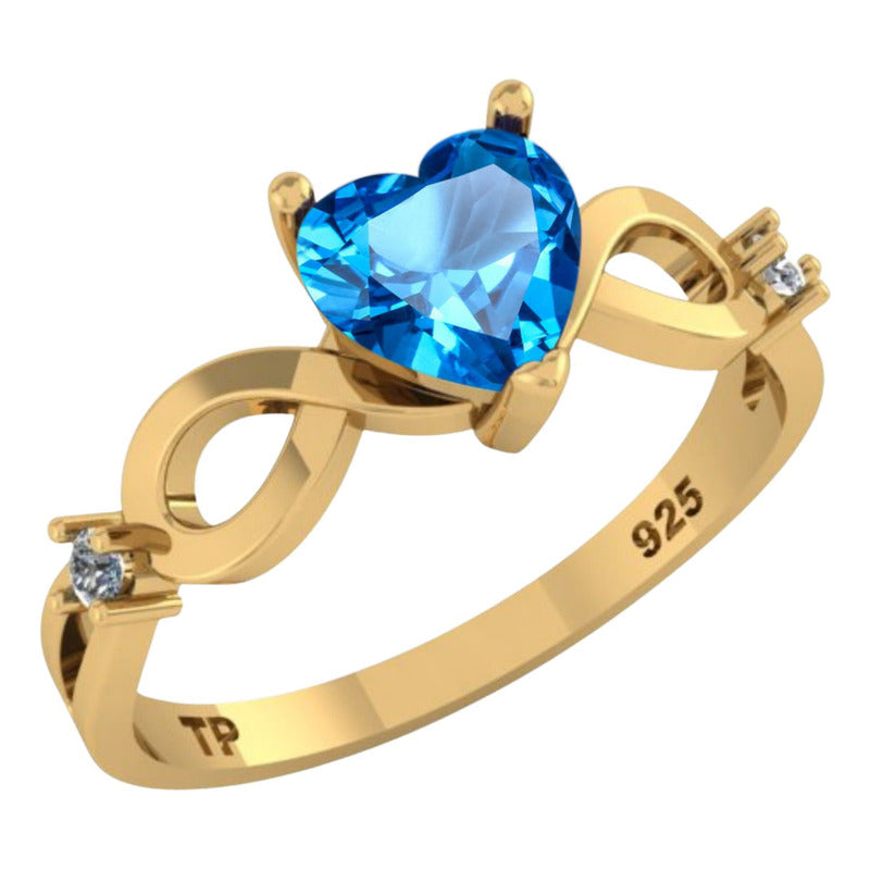 Anel Prata 925 Dourada 18k Infinito Amor Coração - Topázio