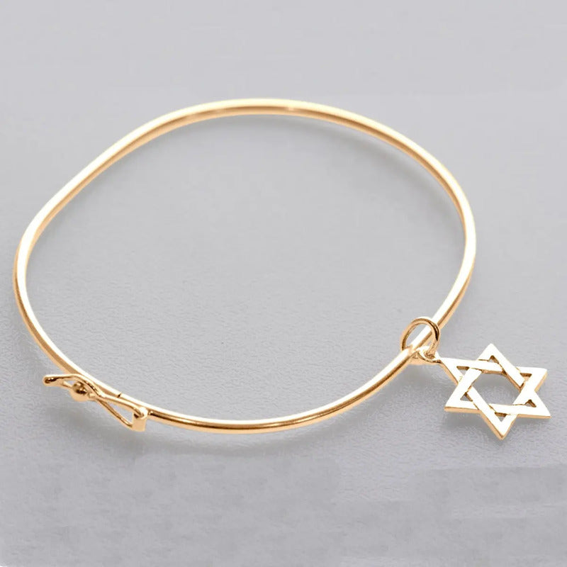 Bracelete Rígido Prata 925 Dourado 18k - Estrela De David Dourado 19 Cm
