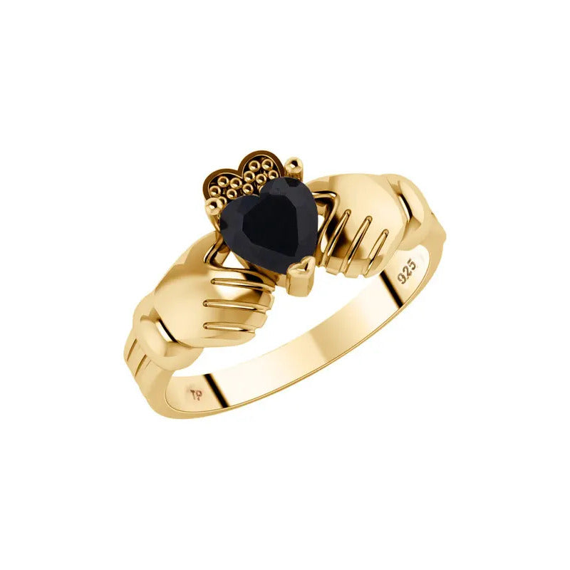 Anel Claddagh Irlandês Prata 925 Dourada 18k - Black Ônix