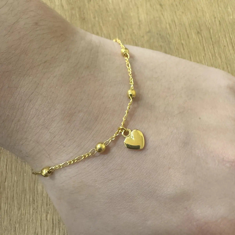 Pulseira Prata 925 Dourada 18k Bolinha 3mm- Pingente Coração Dourado 18 Cm