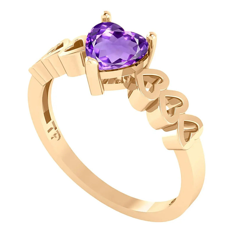 Anel Luxo Coração Prata 925 Dourada 18k - Ametista