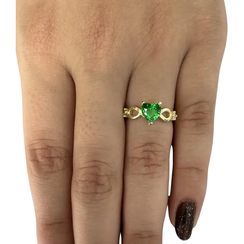 Anel Prata 925 Dourada 18k Infinito Amor Coração - Esmeralda