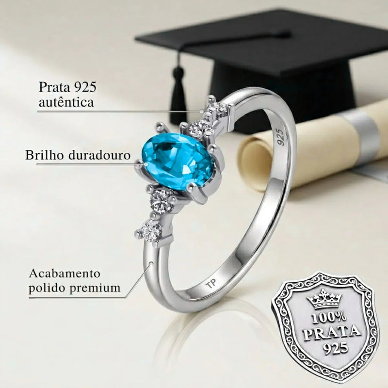 Anel Formatura Feminino Prata 925 + Caixinha Capelo Topázio Azul 24