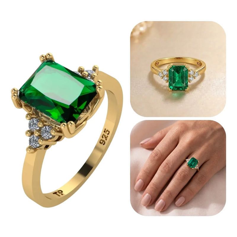 Anel Vintage Clássico Prata 925 Dourada Ouro 18k Esmeralda