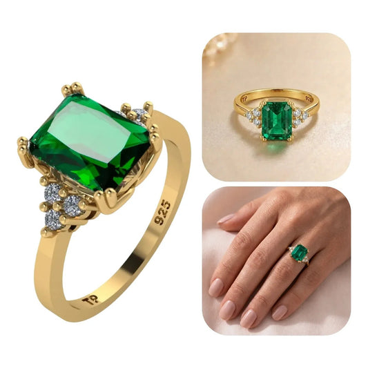 Anel Vintage Clássico Prata 925 Dourada Ouro 18k Esmeralda
