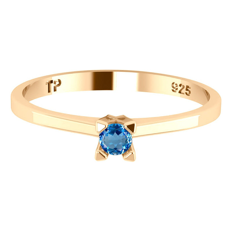 Anel Solitário Prata 925 Dourada18k - Topázio Azul