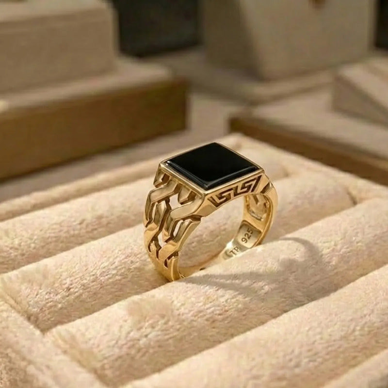 Anel Masculino Elos Prata 925 Dourada  Ouro 18k- Black Onix