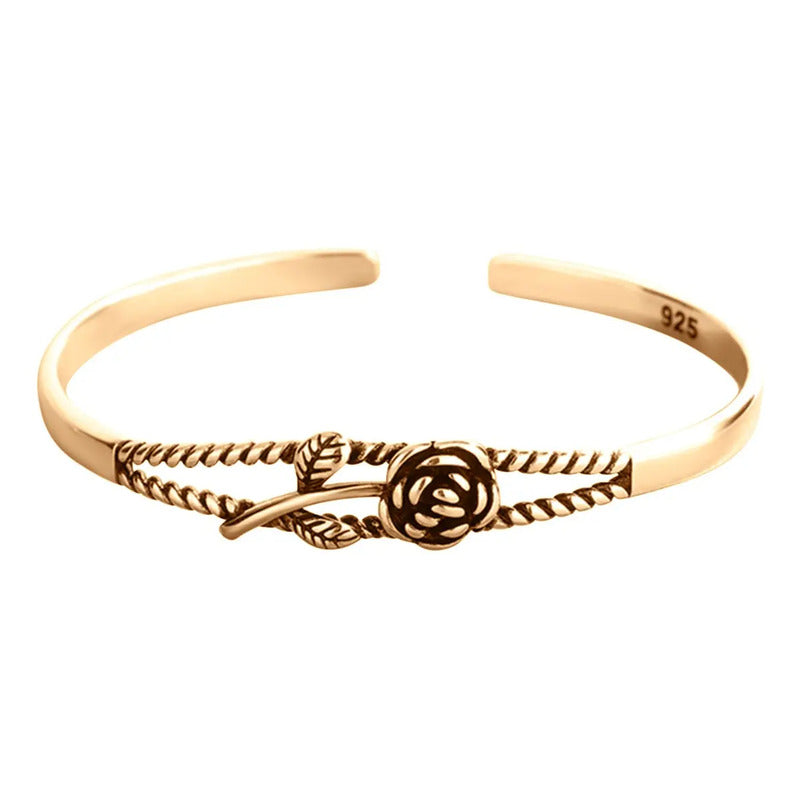 Pulseira Bracelete Maciço Prata 925 Dourado Ouro 18k- Floral Dourado 6.5 Cm 22 Cm