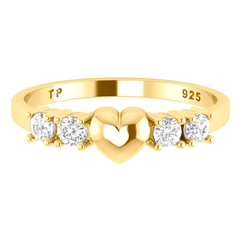 Anel Coração Sólido Prata 925 Dourada Ouro 18k - Zircônia