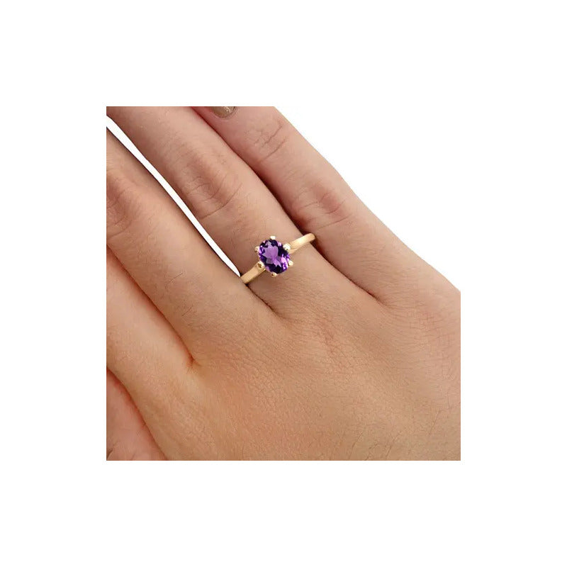 Anel Solitário Oval Em Prata 925 Dourada 18k - Ametista