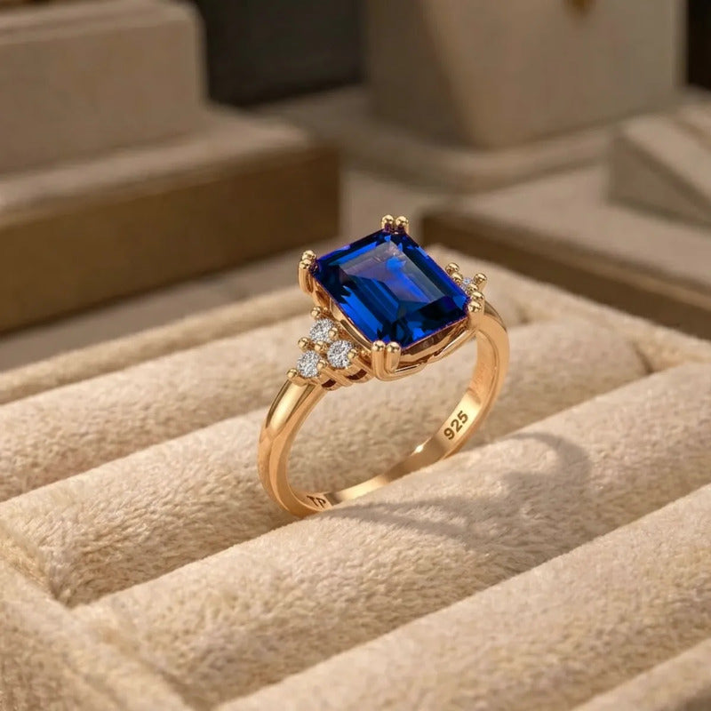 Anel Vintage Clássico Prata 925 Dourada 18k Safira