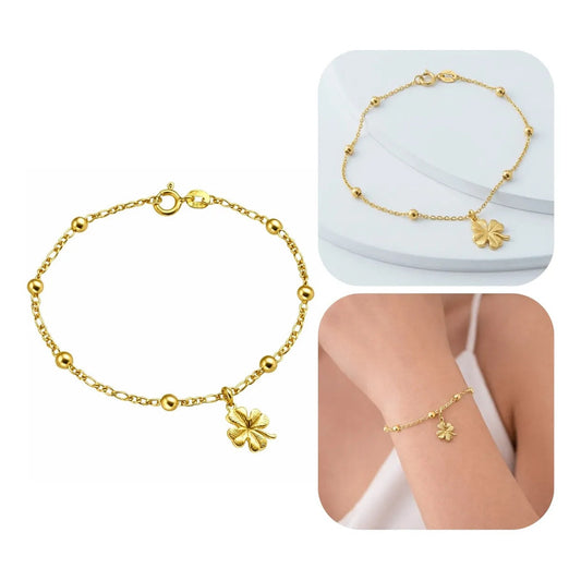 Pulseira Prata 925 Dourada 18k Trevo Da Sorte Bolinha 3mm 18 Cm