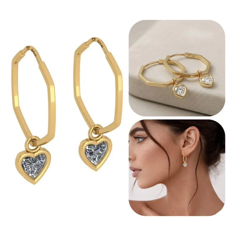 Brinco Argola Hexa Prata 925 Dourada 18k Zirconia Coração Dourado
