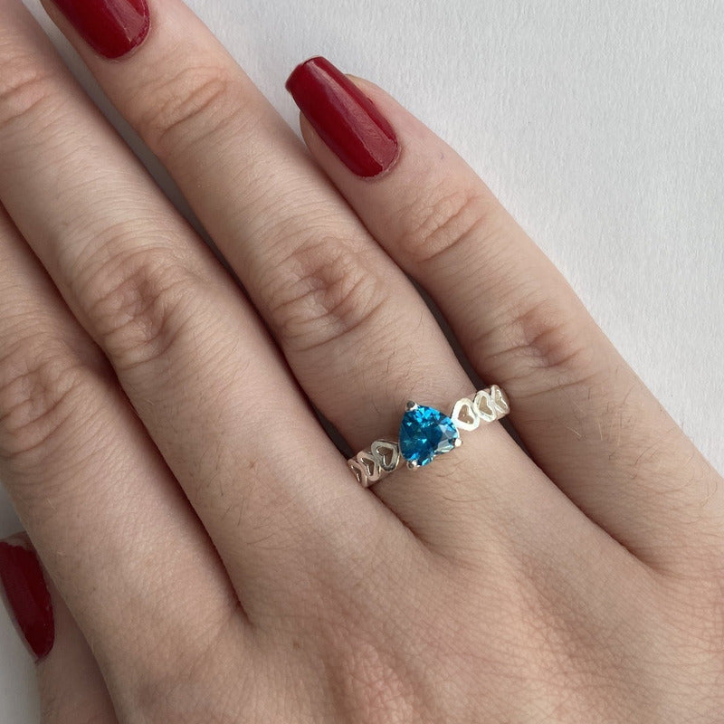 Anel Luxo Pura Prata 925 Topázio Azul Coração - Feminino