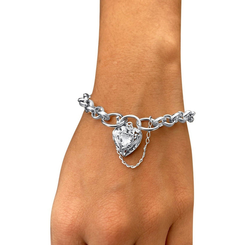 Pulseira Prata 925 Elo Português Zircônia - Fecho Coração