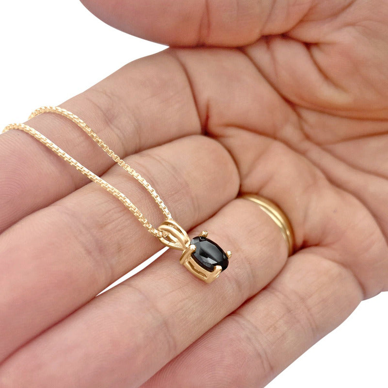 Colar Pingente Oval Prata 925 Dourada 18k - Black Ônix